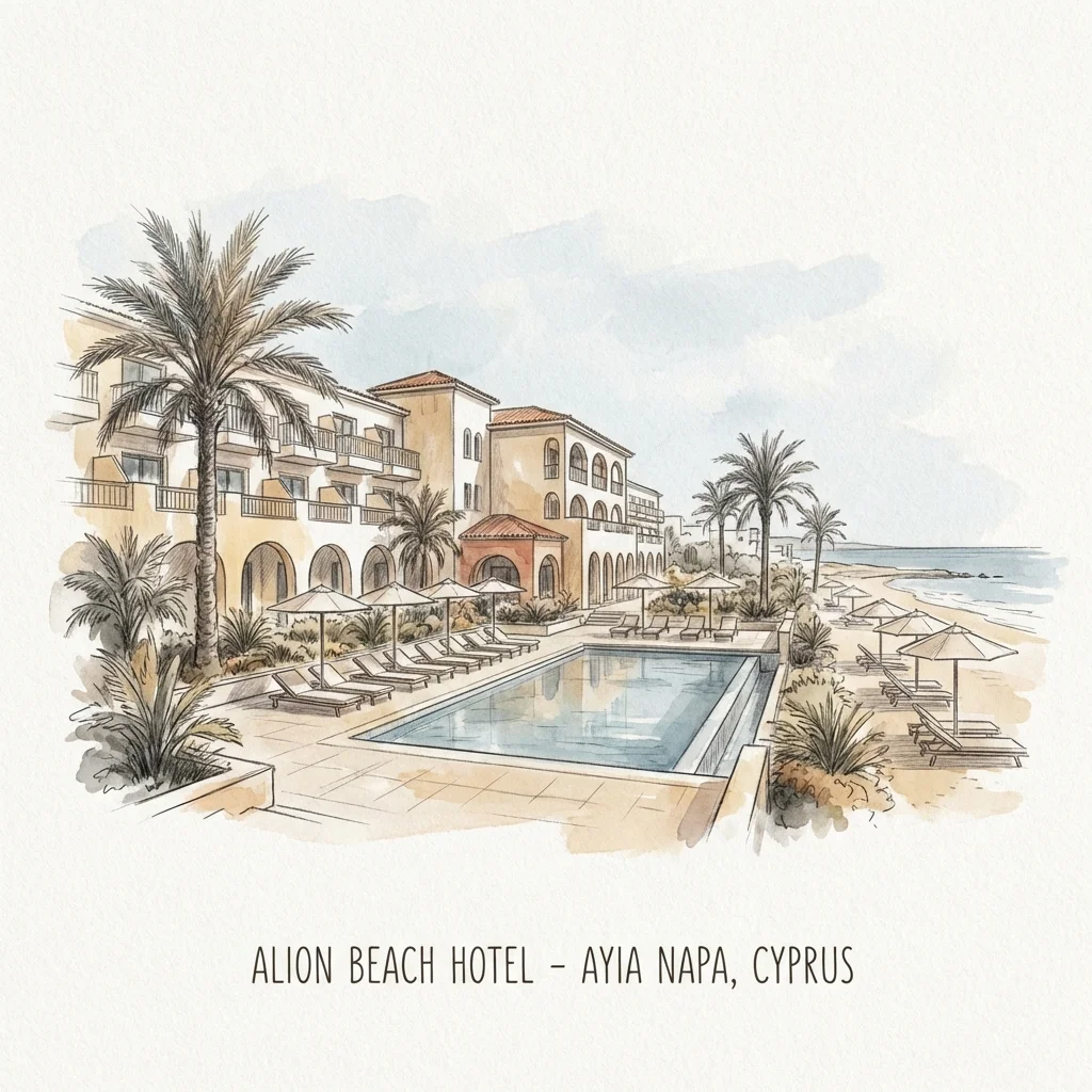 Alion Beach Hotel Ayia Napa lush gardens and refined pool area watercolor illustration