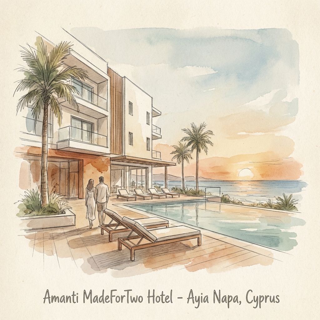 Watercolor illustration of Amanti MadeForTwo Hotel for Ayia Napa Hotel Guide