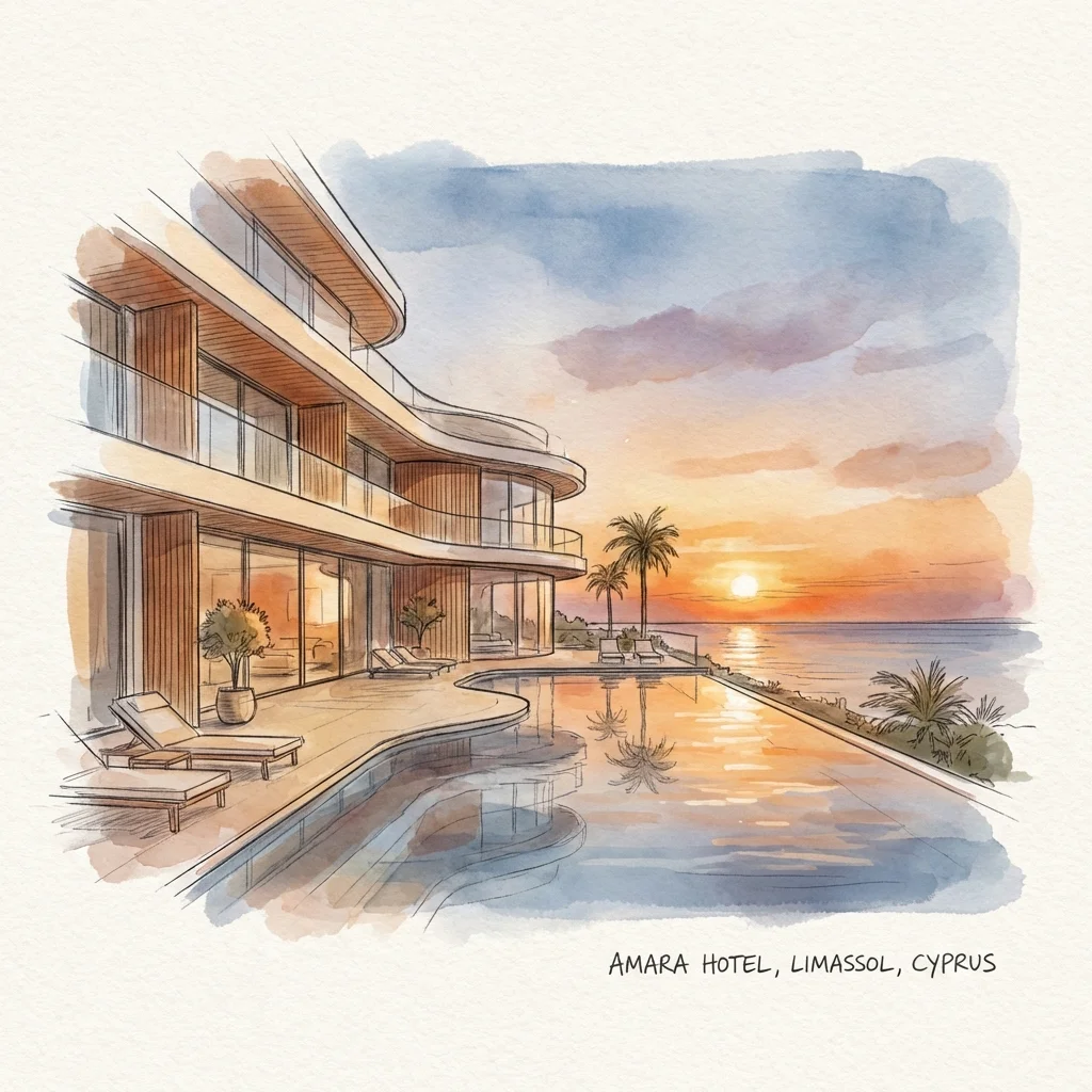 Amara Hotel Limassol infinity pool and modern architecture watercolor illustration