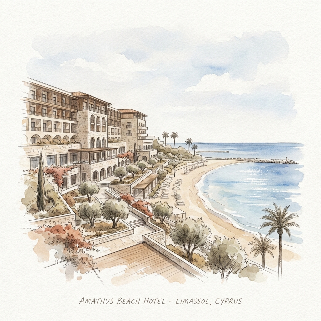 Amathus Beach Hotel Limassol beachfront gardens watercolor illustration