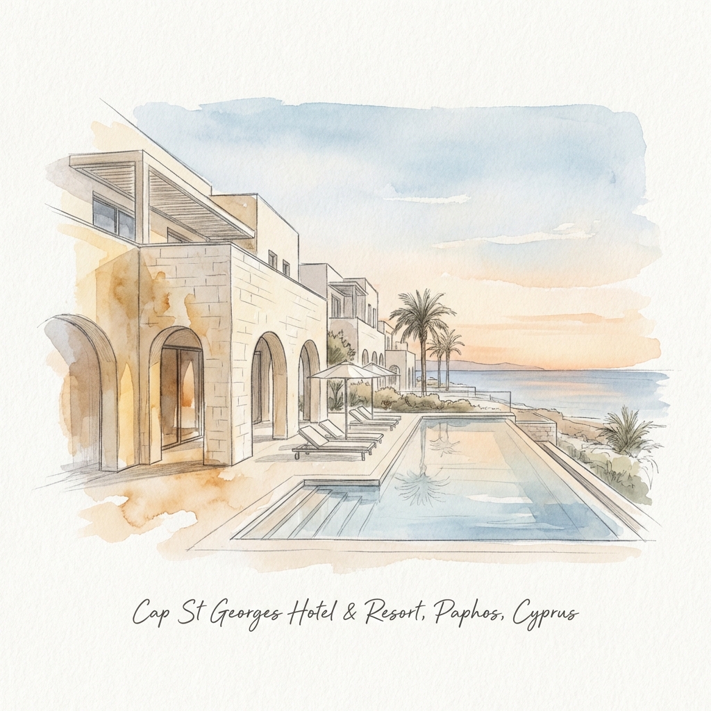 Watercolor illustration of Cap St Georges Hotel for Paphos Hotel Guide