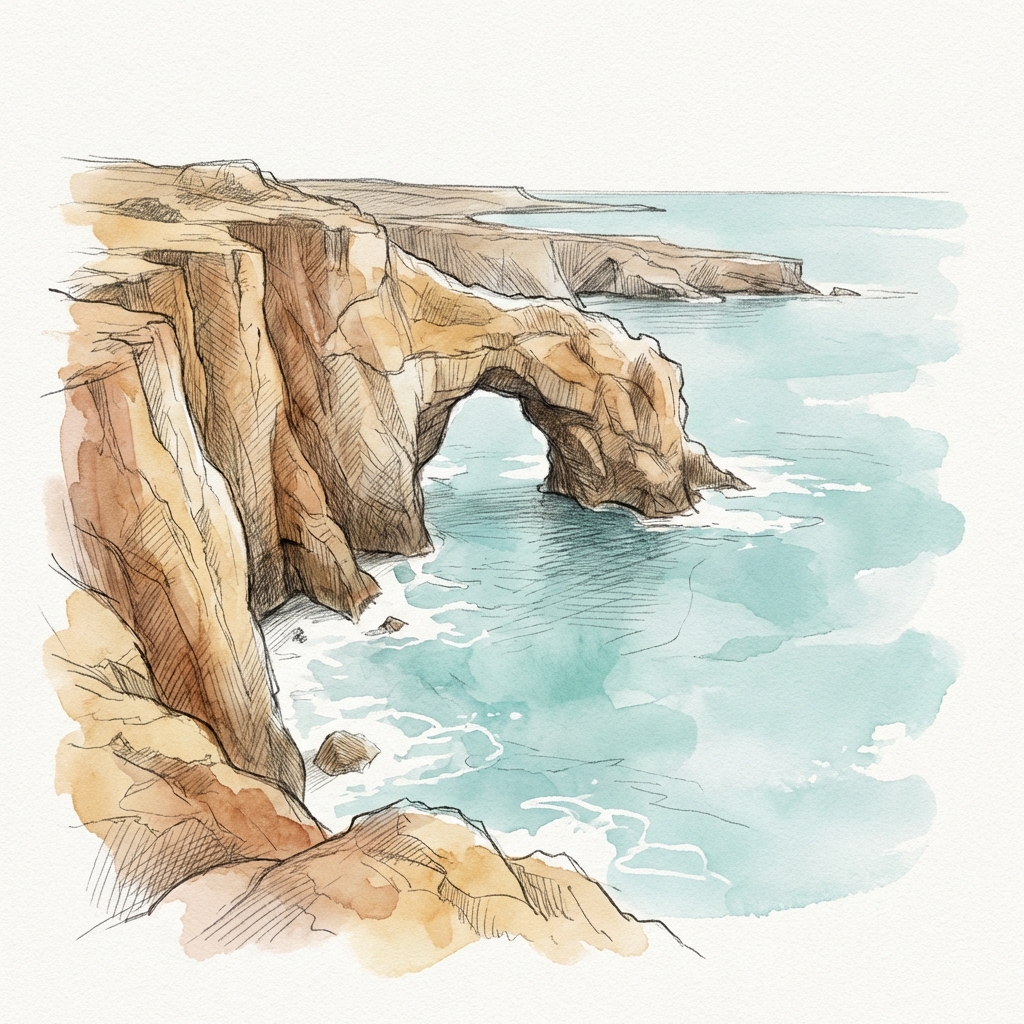 Cape Greco National Forest Park sea cliffs and arch watercolor illustration