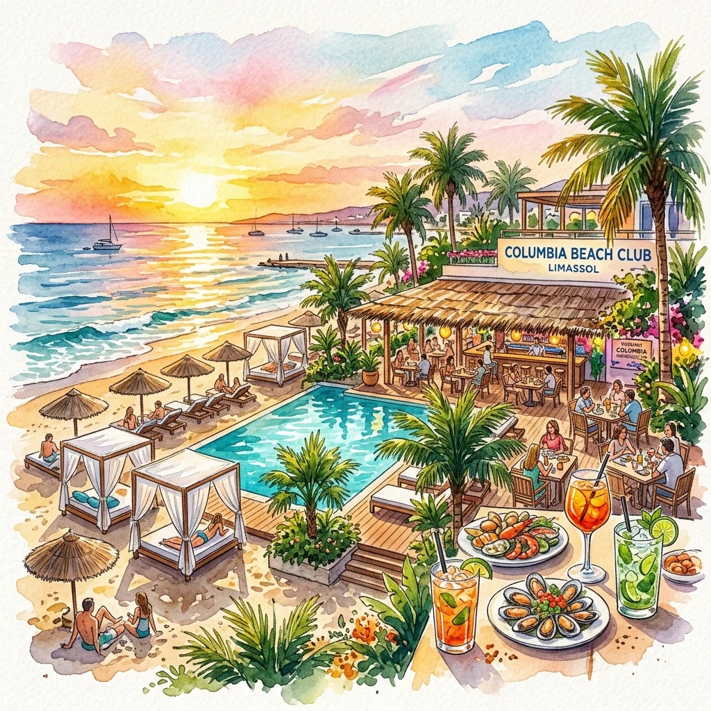 Watercolor illustration of Columbia Beach Club for Luxury Beach Clubs Guide