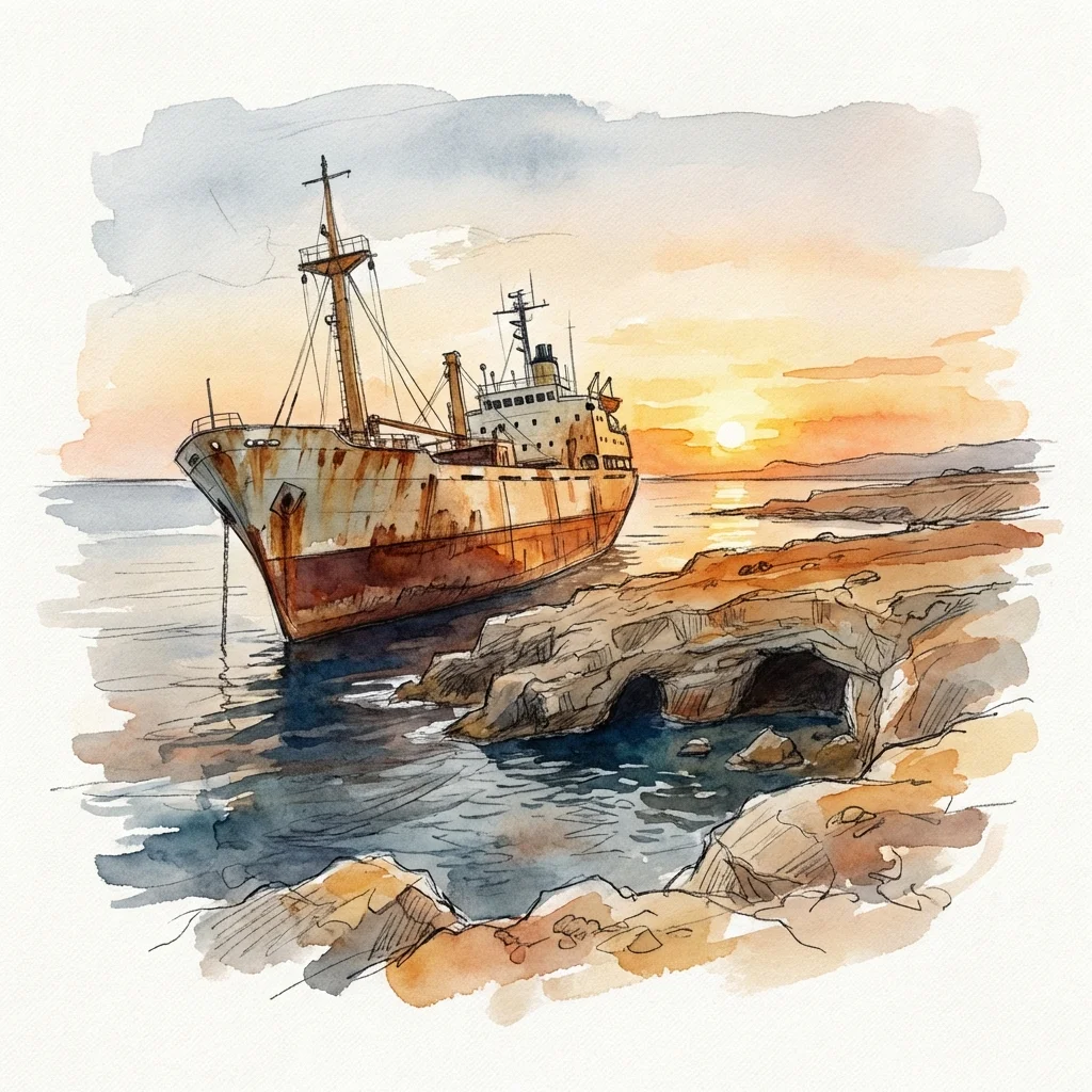 Watercolor illustration of Edro III Shipwreck sunset for Golden Hour Guide