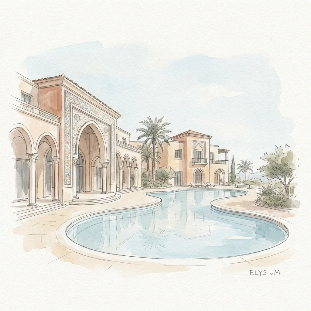 Watercolor illustration of Elysium Palace for Destination Wedding Guide