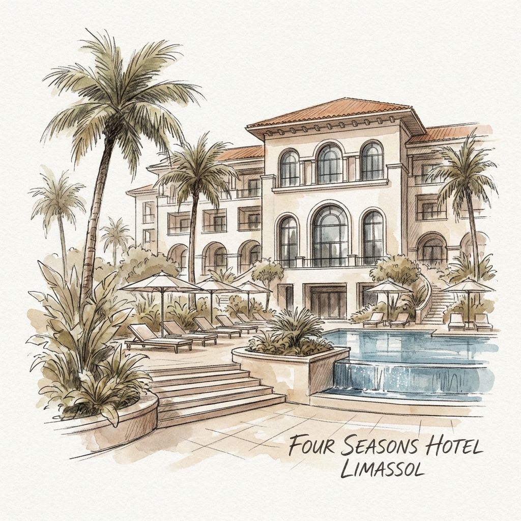 Watercolor illustration of Four Seasons Hotel for Limassol Hotel Guide