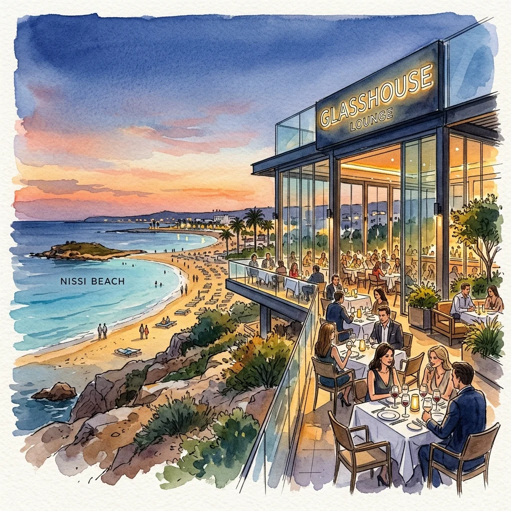 Watercolor illustration of Glasshouse Lounge for Top Restaurants In Ayia Napa Guide