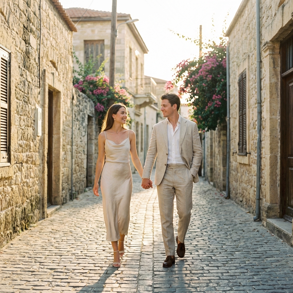 Cinematic editorial portrait of a couple in a sun-drenched Cyprus alley