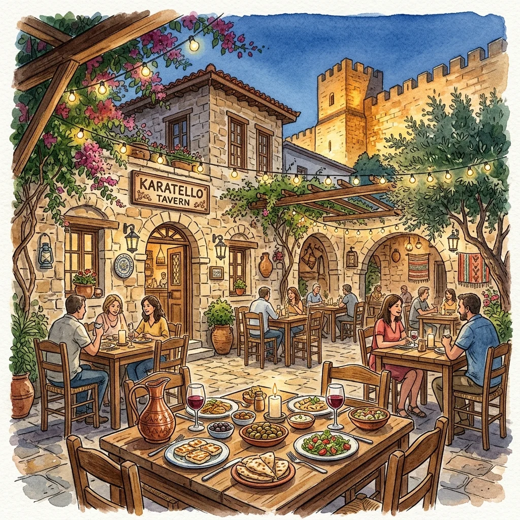 Watercolor illustration of Limassol Old Town near Carob Mill