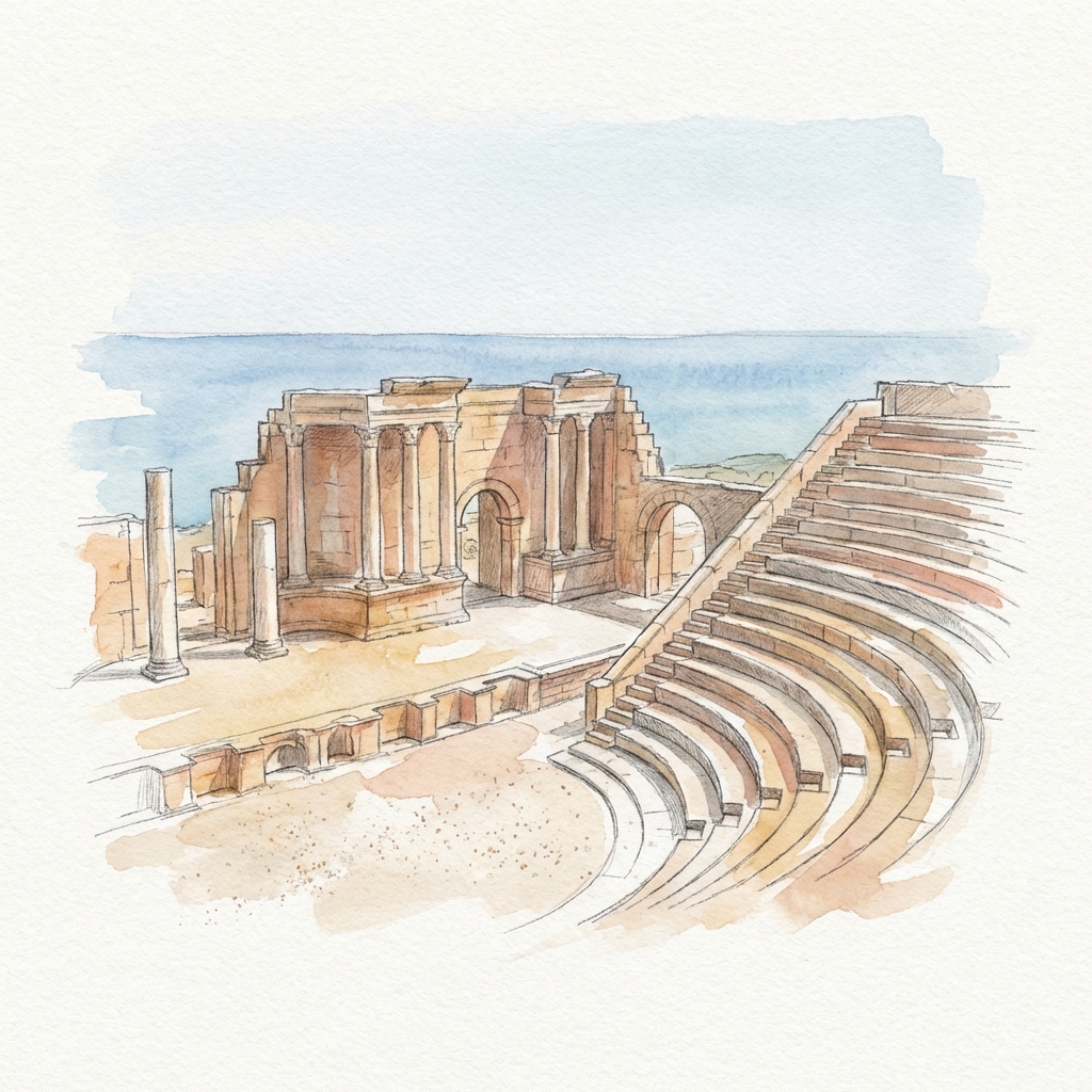 Kourion Ancient City Greco-Roman theatre overlooking the sea watercolor illustration