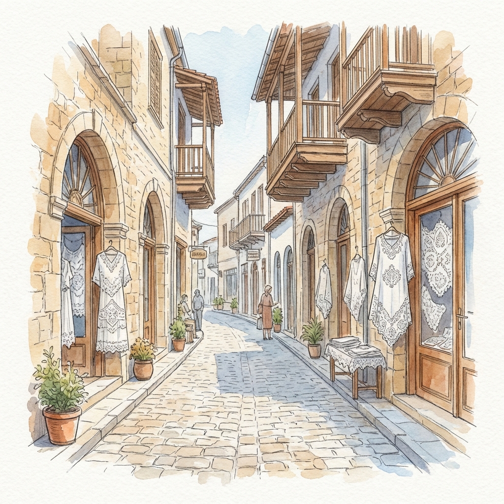 Lefkara Village traditional stone streets and lace embroidery vibe watercolor illustration