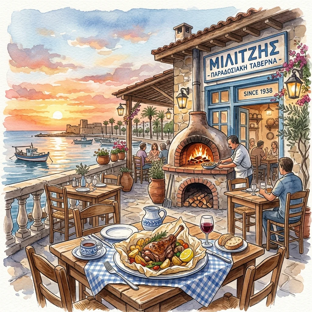 Watercolor illustration of Militzis Tavern for Top Restaurants In Larnaca Guide