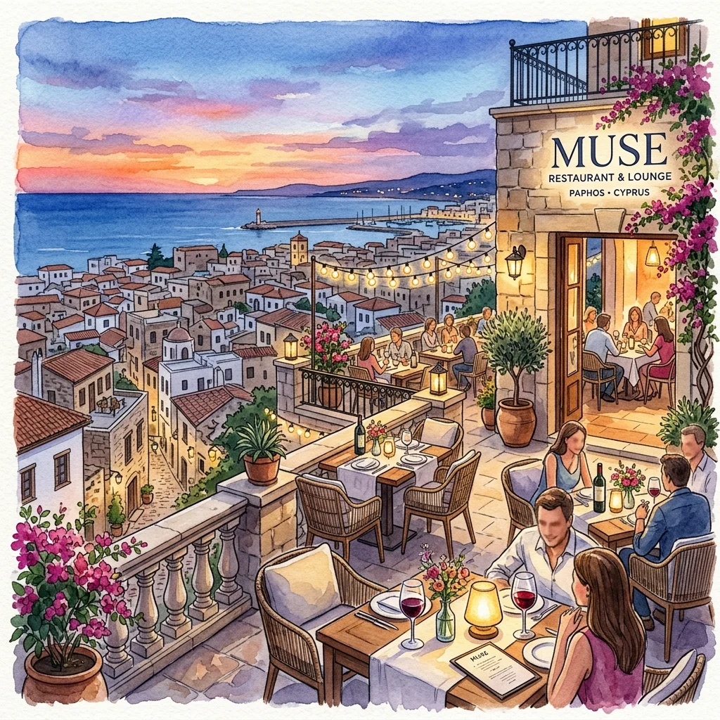 Muse Cafe Kitchen Bar terrace view overlooking Paphos town and coastline