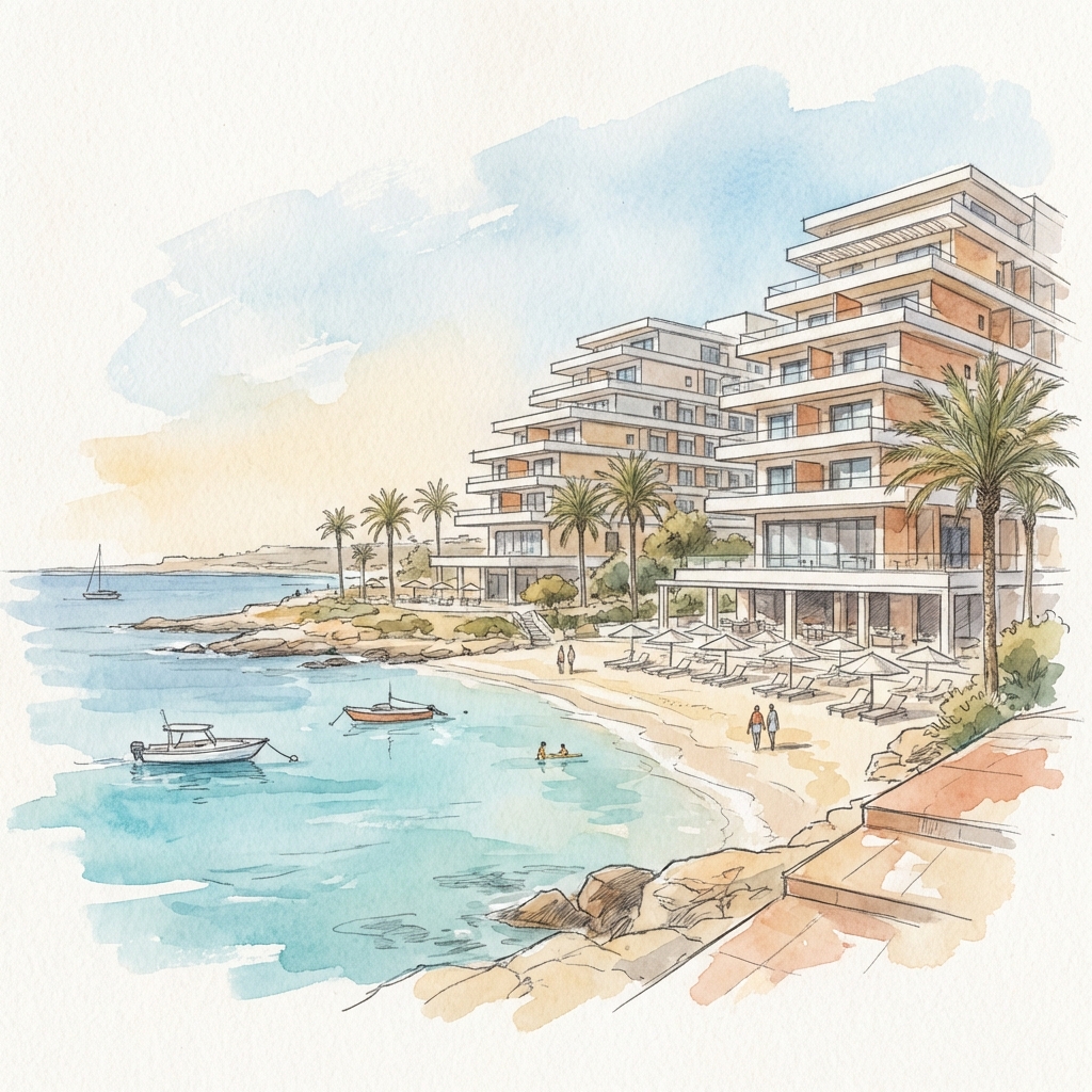NissiBlu Beach Resort modern architecture overlooking Nissi Beach watercolor illustration