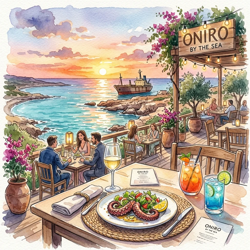 Watercolor illustration of Oniro By The Sea for Top Restaurants In Paphos Guide