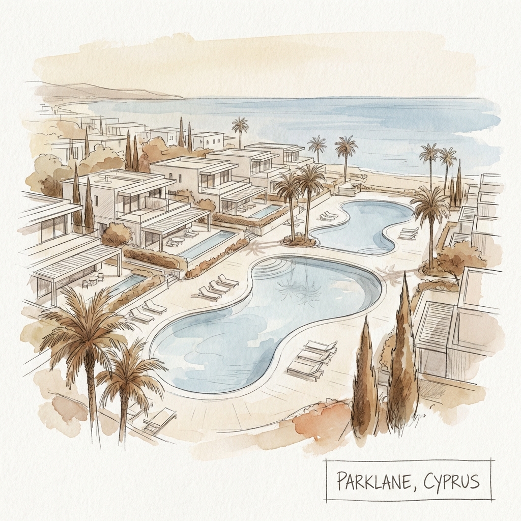 Parklane Resort Limassol expansive pools and villas watercolor illustration