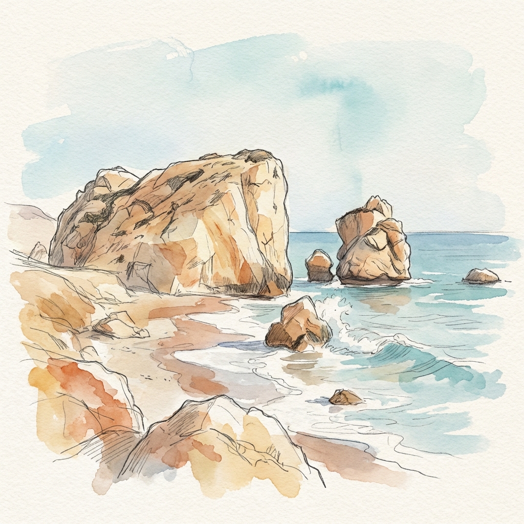 Watercolor illustration of Aphrodite's Rock (Petra tou Romiou) for Cyprus Travel Guide