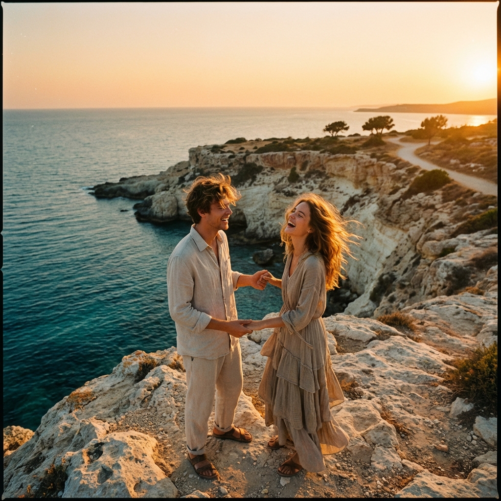 A couple sharing an authentic cinematic moment on the rugged Cyprus coast
