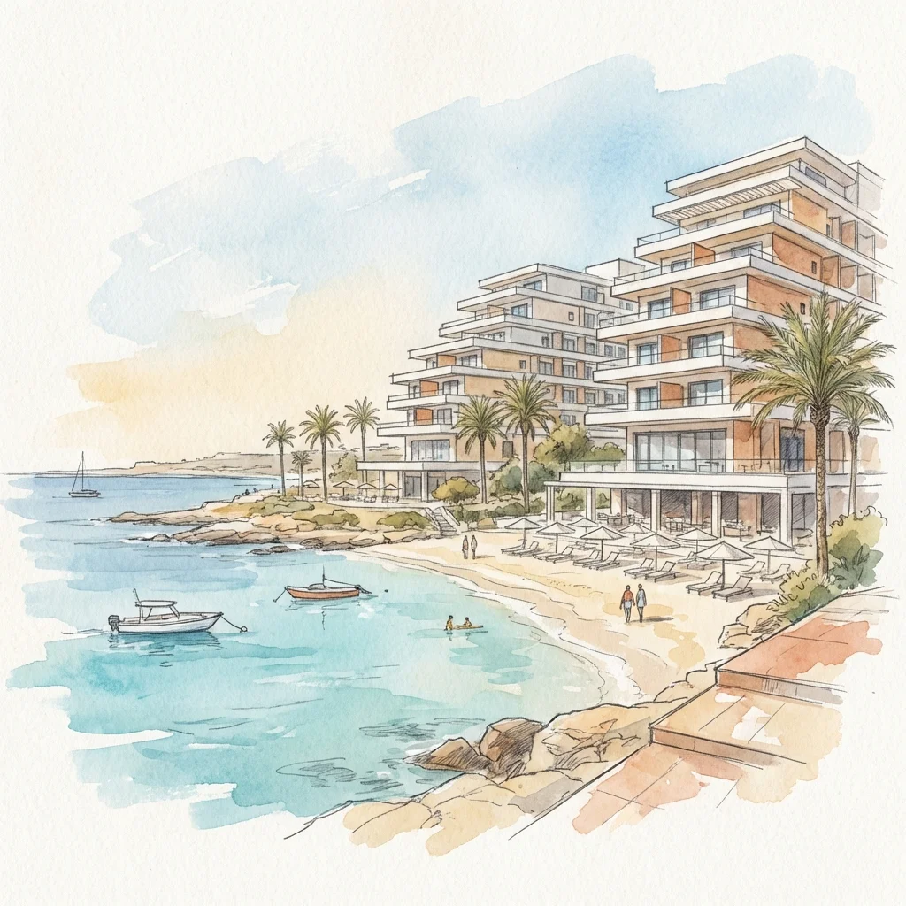 Radisson Beach Resort Larnaca beachfront pool watercolor illustration
