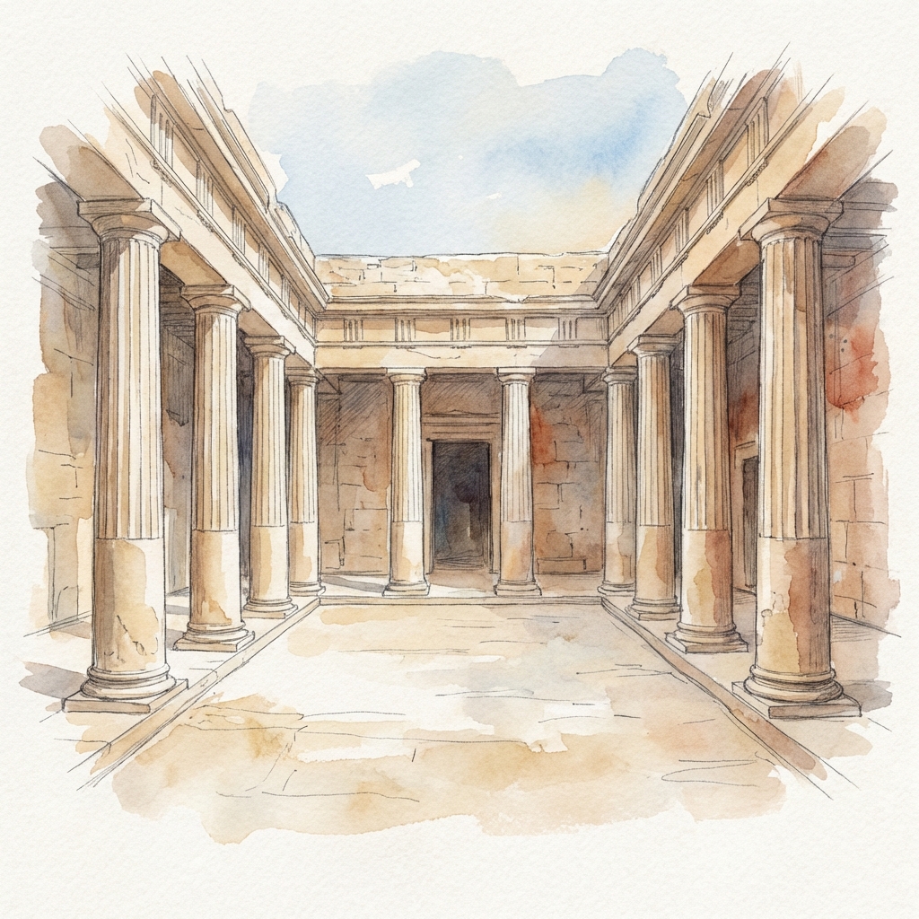 Tombs of the Kings UNESCO heritage site underground necropolis watercolor illustration