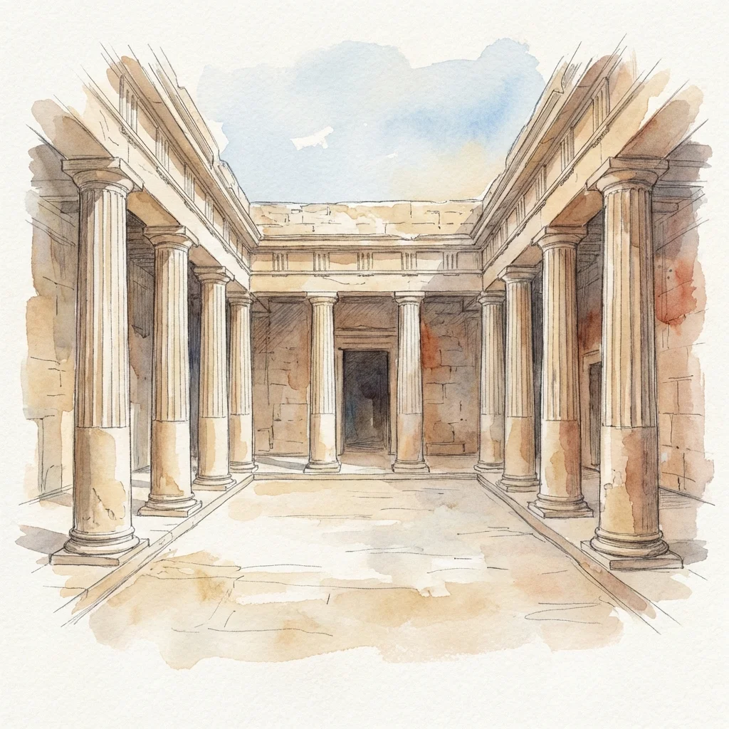 Watercolor illustration of Tombs of the Kings for Paphos Travel Guide